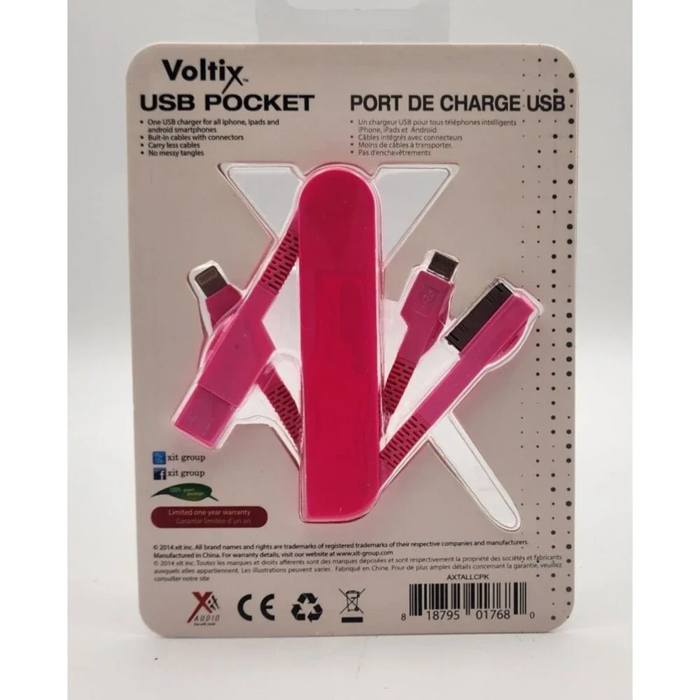 Voltix USB Pocket Charging Port - Pink Bult in Cables with Connectors